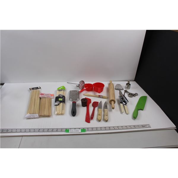 Various Kitchen/Grilling Items - Chop Sticks, Bamboo Skewers, Grader, Rolling Pin, Thermometer, Can 