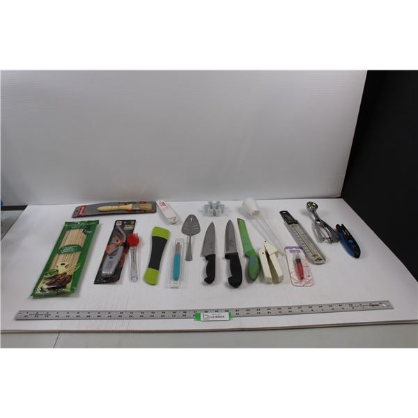 Various Kitchen/Grilling Items - Melon Baller, Bamboo Skewers, Peeler, Thermometer, Knives, Measurin