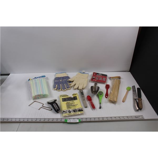 Various Kitchen/Grilling Items - Flexi Straws, Bamboo Skewers, Thermometer, Knives, Cheese Cloth, Me