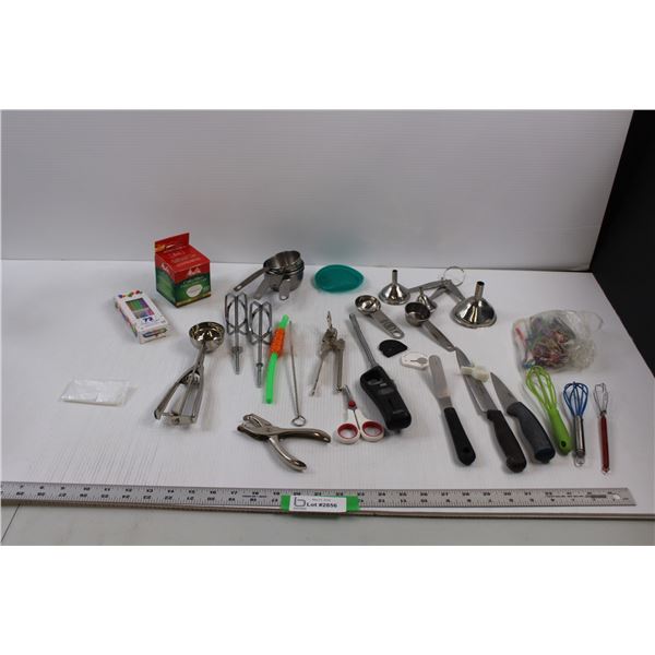 Various Kitchen/Grilling Items - Melon Baller, Knives, Beaters, Whisks, BBQ Lighter, Funnels, Measur