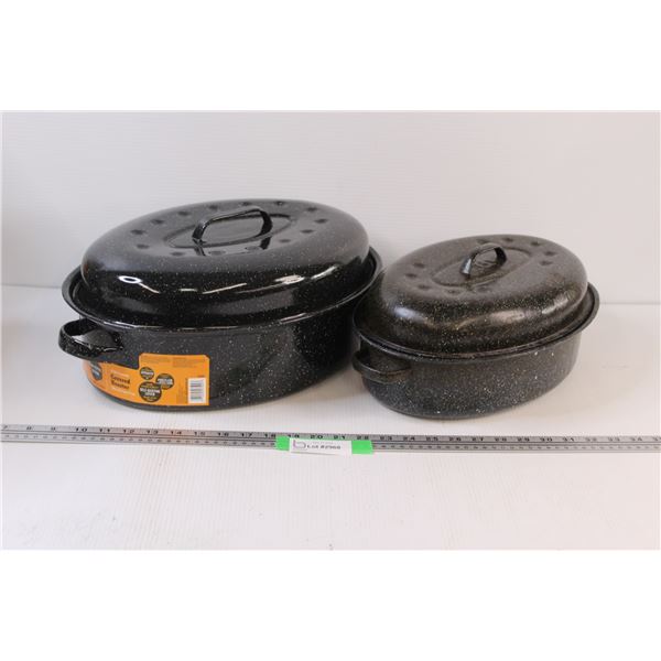 (2) Graniteware Medium & Large Sized Roasters with Lids - Large one is New