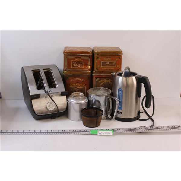 (9) Box Lot of Used Kitchenware: Tin Cannisters: Toaster; Sifter; Coffee Maker & Misc.