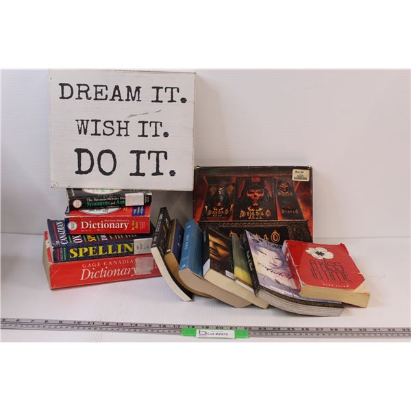 (13) Lot of Books Dictionaries; Bible; Sign; Diablo PC Game & Misc. Book Titles