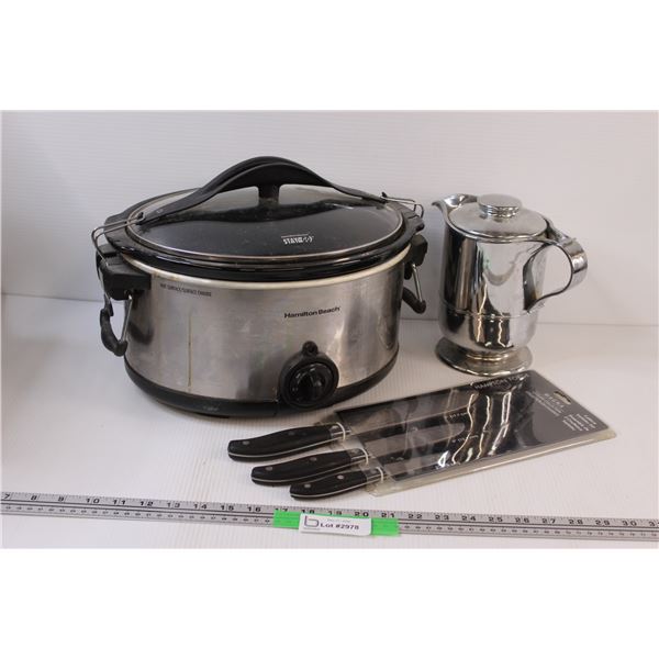 (3) Hamilton Beach Stay n Go Slow Cooker; Hampton Force Knives NIB; Kettle