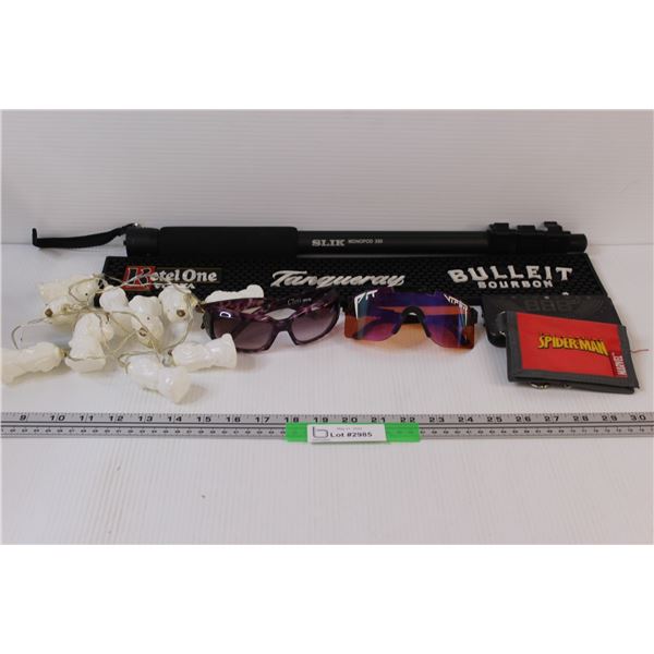 (7) Lot of Misc. Items: Rubber Bar Mat; Monopod; Sunglasses; Mini Lights; Wallet