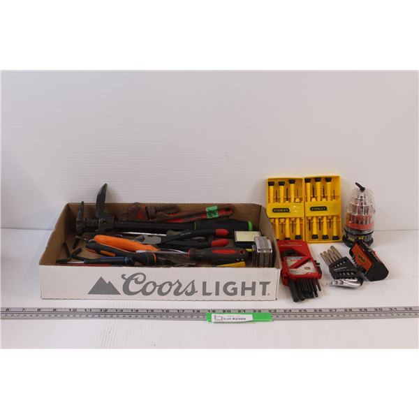 (20+) Box Lot of Used Tools: Wrenches; Plier; Tape Measure; Misc. Items / Tools