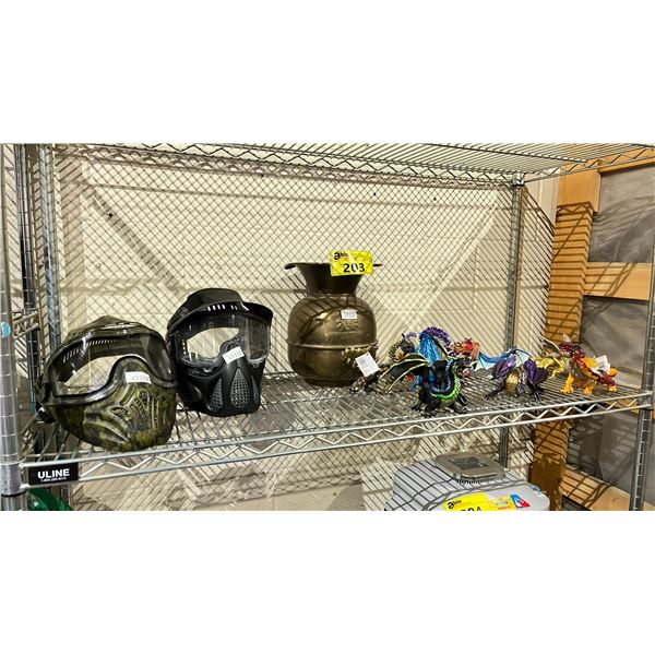 LOT OF ASSORTED ITEMS INCLUDING; DRAGON FIGURES, PAINTBALL MASKS & VASE