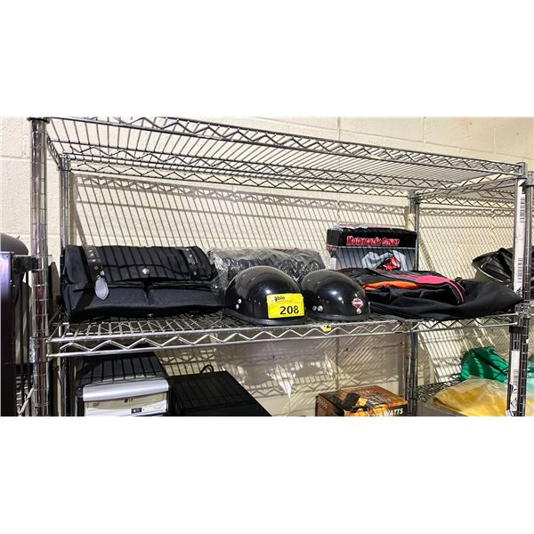 SHELF OF ASSORTED MOTORCYCLE EQUIPMENT INCLUDING; HELMETS, MOTORCYCLE COVER, RIDING BAG & MORE