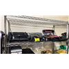 Image 1 : SHELF OF ASSORTED MOTORCYCLE EQUIPMENT INCLUDING; HELMETS, MOTORCYCLE COVER, RIDING BAG & MORE