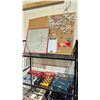 Image 1 : 2 SHELVES OF ASSORTED ITEMS INCLUDING; BOARD GAMES, CORK BOARDS WITH ASSORTED PINS & MORE