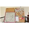 Image 2 : 2 SHELVES OF ASSORTED ITEMS INCLUDING; BOARD GAMES, CORK BOARDS WITH ASSORTED PINS & MORE