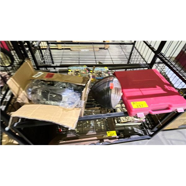LOT OF ASSORTED ITEMS INCLUDING; VINTAGE HEADLIGHT, STAR TREK FIGURES, MONITOR MOUNT & MORE