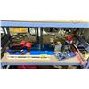 Image 1 : SHELF OF ASSORTED ITEMS INCLUDING; LEVEL, MASTERCRAFT BIT SET, WRENCH SET & MORE