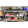 Image 1 : 3 SHELVES OF ASSORTED ITEMS INCLUDING; RACKING PARTS, BUDWEISER ADVERTISEMENTS, MIRROR & MORE
