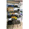 Image 1 : RACK OF ASSORTED OUTDOORS EQUIPMENT INCLUDING; FISHING RODS, WADERS, PORTABLE WATER TANK & MORE