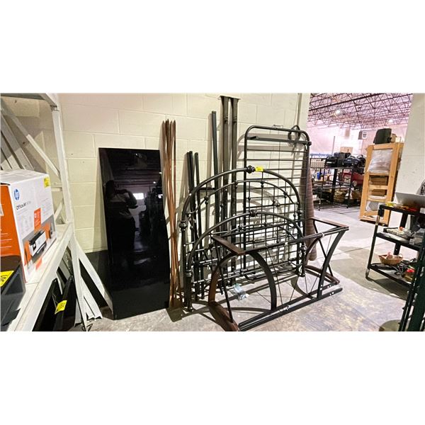 LOT OF ASSORTED ITEMS INCLUDING; BED FRAME, 2 TIER ENTERTAINMENT STAND & GARDEN STAKES