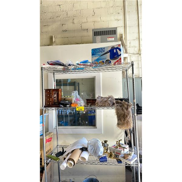 3 SHELVES OF ASSORTED ITEMS INCLUDING; STEAMER, JEWELRY, BRONZE ITEMS & MORE