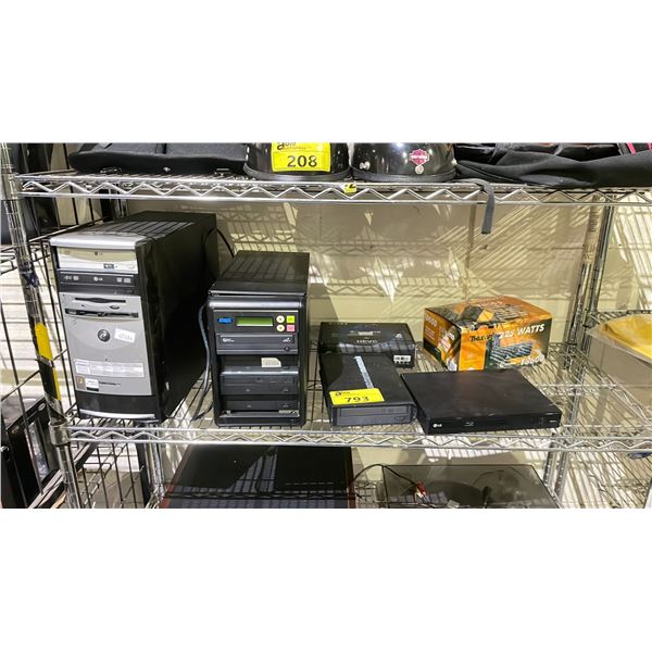 SHELF OF ASSORTED ITEMS INCLUDING; DESKTOP COMPUTER, MULTI-DVD BURNER, THUMP SPEAKERS & MORE