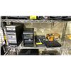 Image 1 : SHELF OF ASSORTED ITEMS INCLUDING; DESKTOP COMPUTER, MULTI-DVD BURNER, THUMP SPEAKERS & MORE