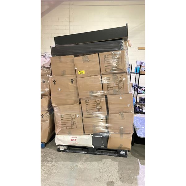 PALLET OF ASSORTED ESTATE ITEMS INCLUDING; CLOTHING, DVD STANDS & MORE