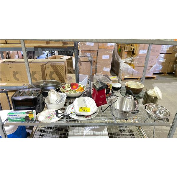 SHELF OF ASSORTED ITEMS INCLUDING; MAGIC BULLET, POPCORN MAKER, TOASTER, WAFFLE MACHINE & MORE