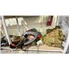 Image 1 : 2 SHELVES OF ASSORTED ITEMS INCLUDING; LEATHER CHAPS, TOOL BELTS, BACK PACKS AND MORE