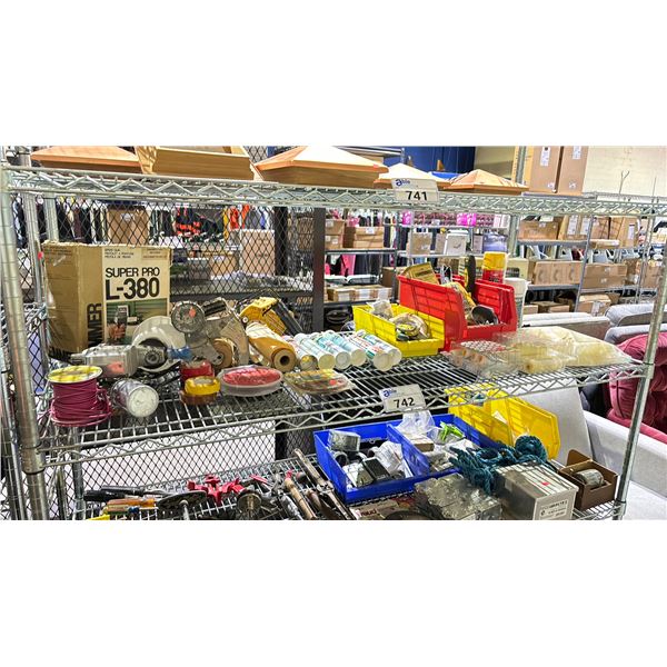 SHELF LOT OF ASSORTED ITEMS INCLUDING; SUPER PRO L-380, CAULKING, HARDWARE AND MORE