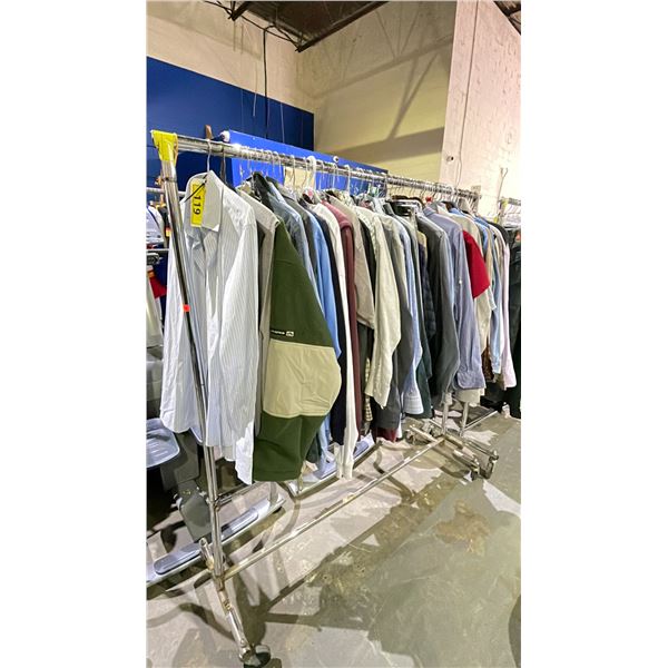 RACK OF ASSORTED CLOTHING INCLUDING; DRESS SHIRTS, SWEATERS, T-SHIRTS AND MORE