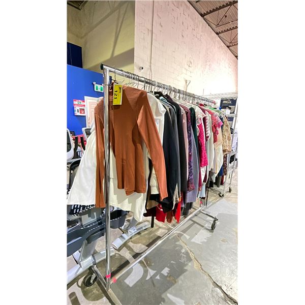 RACK OF ASSORTED CLOTHING INCLUDING; SHIRTS, TANK TOPS, SWEATERS AND MORE