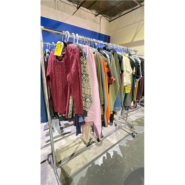 RACK OF ASSORTED CLOTHING INCLUDING; SWEATERS, HOODIES, SHIRTS AND MORE
