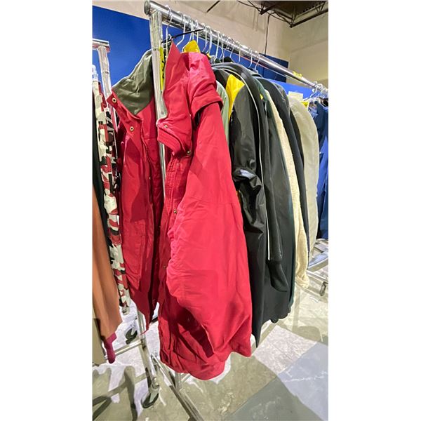 LOT OF ASSORTED JACKETS, RAIN COATS, VESTS AND MORE