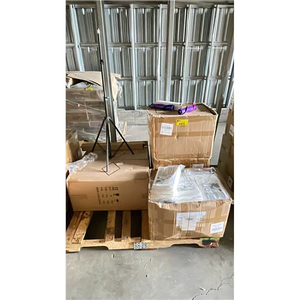 PALLET OF ASSORTED ITEMS INCLUDING; TRIPODS, VACUUM PARTS, AND VACUUM BAGS