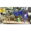 Image 1 : SHELF OF ASSORTED TOOLS INCLUDING; 5 GALLON PRESSURE SANDBLASTER, AIR COMPRESSOR & PAINTERS TEAM