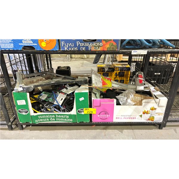 SHELF OF ASSORTED ITEMS INCLUDING; TRAFFIC VEST, TILE CUTTER, CARPET STRETCHER & MORE