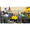 Image 1 : SHELF OF ASSORTED TOOLS INCLUDING; HITACHI CIRCULAR SAWS & LEICA RUNNER 24 SURVEYING LASER
