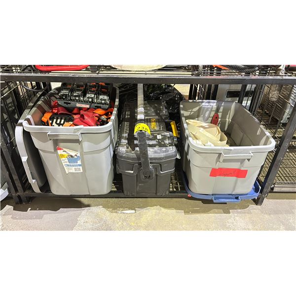 SHELF OF ASSORTED ITEMS INCLUDING; RATCHET STRAPS, DEWALT TOOLBOX, SILICONE TUBES & MORE