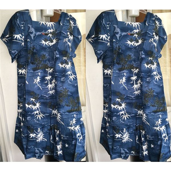 Qty 2 New 2X Ali'i Fashions Hawaii Blue White Cotton MuuMuu Dresses (50" bust/44"L)