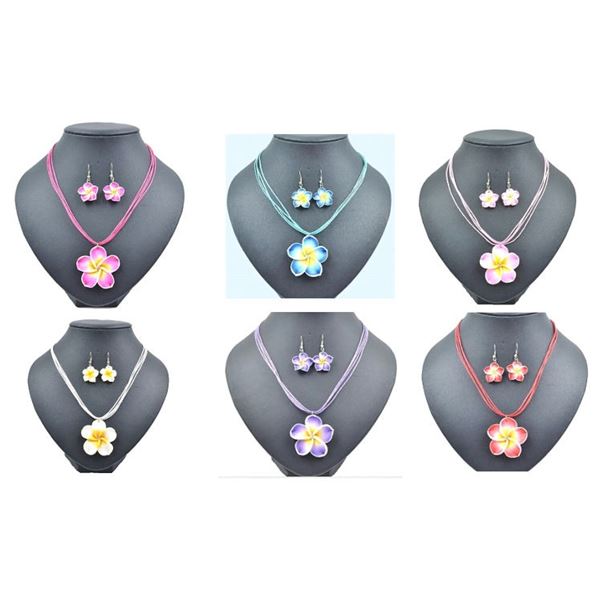 Qty 6 New Fimo Polymer Clay Plumeria Flower Necklace & Earrings Sets: Red, White, Blue, Purple, Pink