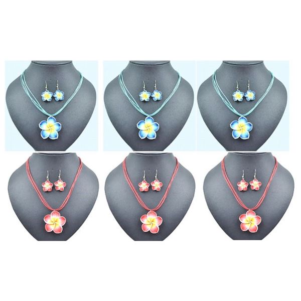 Qty 6 New Fimo Polymer Clay  Plumeria Flower Necklace & Earrings Sets: Reds & Blues