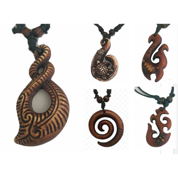 Qty 5 New Resin Faux-Wood Motif Fish Hook Necklaces w/ Adjustable String Chokers, Misc Designs