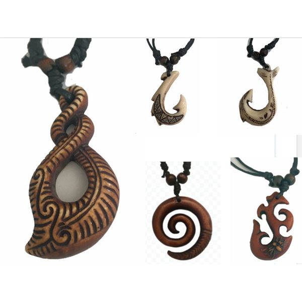 Qty 5 New Resin Faux-Wood & Bone Motif Fish Hook Necklaces w/ Adjustable String Chokers, Misc Design