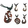 Image 1 : Qty 5 New Resin Faux-Wood & Bone Motif Fish Hook Necklaces w/ Adjustable String Chokers, Misc Design