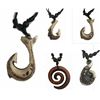 Image 1 : Qty 5 New Resin Faux-Wood & Bone Motif Fish Hook Necklaces w/ Adjustable String Chokers, Misc Design