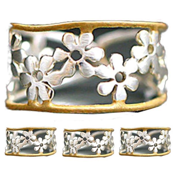 Qty 4 Metal Gold-Tone & Silver-Tone Plumeria Flower Hawaiian Adjustable Band Rings