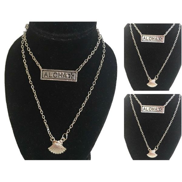 Qty 3 Metal Double Strand Silver-Tone Chain Necklaces w/ Aloha & Shell Dangle Pendants (display not 