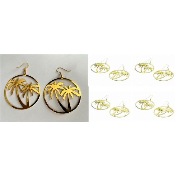 Qty 5 Pair Large Metal Gold-Tone Fashion Large Palm Tree Hoop Hook Pierced Earrings
