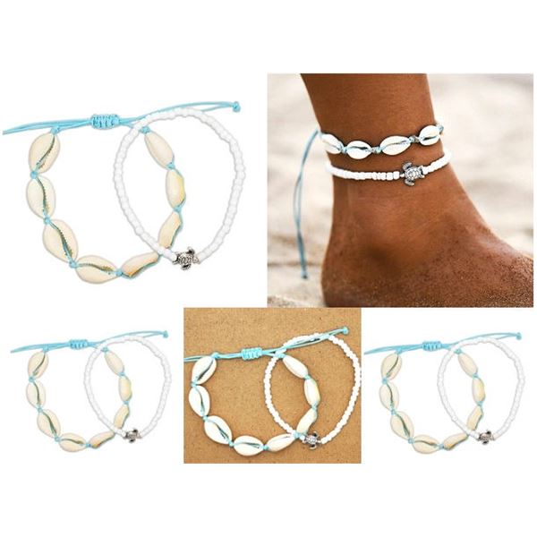 Qty 5 Faux Cowrey Shell & Turtle on Bead Anklets Pair Ankle Bracelets Adjustable