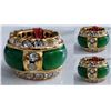 Image 1 : Qty 3 Gold-Plated Green Stone Barrel Round Charm Pendants w/ Clear Stone Accents