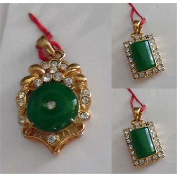Qty 3 Gold-Plated Green Stone Charm Pendants w/ Clear Stone Accents, Misc Designs