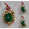 Image 1 : Qty 3 Gold-Plated Green Stone Charm Pendants w/ Clear Stone Accents, Misc Designs